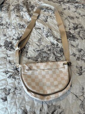 Beige Checkered Crossbody Bag - Lightweight Women's Shoulder Bag
